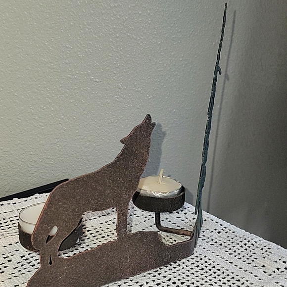 Metal  Pine Trees And Wolf. Dark Green Tree Brown Wolf. Tea Candles Included - Picture 11 of 16